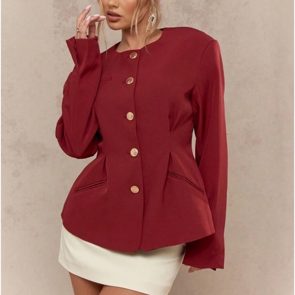 Burgundy maroon dark red gold button hourglasss peplum blazer, thick fully lined - Picture 1 of 5